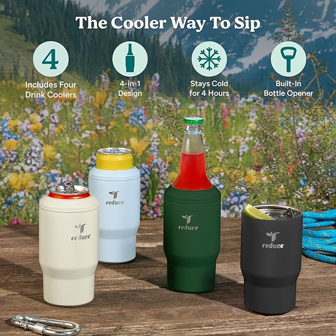 Reduce 4-in-1 Drink Cooler -Versatile Can & Bottle Holder with Vacuum Insulation-Keeps Drinks Cold Up to 4 Hours-Includes Bottle Opener-Fits Cupholders & Dishwasher Safe-14oz- Classic Coolers - 4 Pack