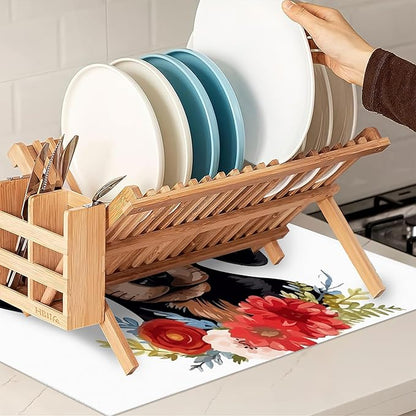 Dachshund Dog Flowers Dish Drying Rack Mat for Kitchen Counter, Dish Drying Pad Absorbent Reversible Microfiber Protector for Coffee Bar Sink Countertops 18x24 Inch