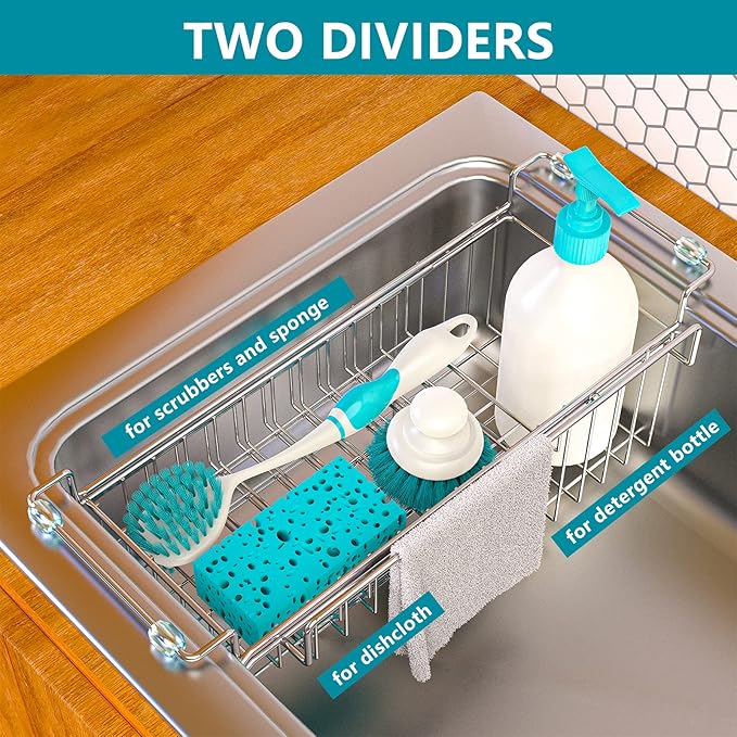 Over The Kitchen Sink Caddy Sponge Holder Organizer Drying Rack Expandable for Sponge Brush Soap Dish Cloth Rag 14.5" to 22", Stainless Steel - Image 2