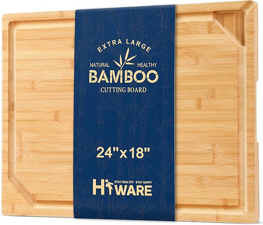 24 x 18 Extra Large Bamboo Serving Boards for Kitchen, Heavy Duty Wood Butcher Block Chopping Board with Handle and Juice Groove for Meat, Large Charcuterie Board, Over the Sink Cutting Board by HIWARE