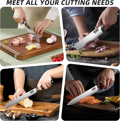 MDHAND Chef Knife Set with Roll Bag, 9PCS Professional Knife Sets with Sharpener, High Carbon Stainless Steel Japanese Kitchen Knives - Black Pakkawood Handle, Dishwasher Safe, For Cooking, Chef Gifts