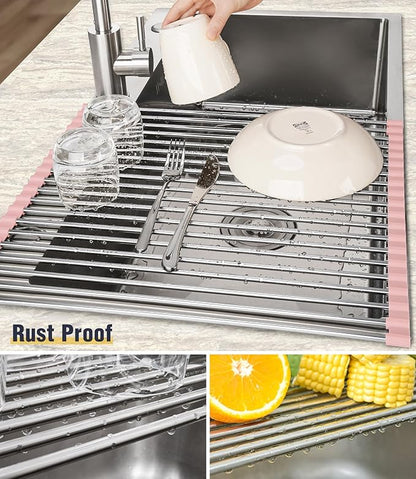 Tomorotec 21" x 15.5" Roll Up Dish Drying Rack Over Sink Drying Rack Sink Cover Kitchen Sink Accessories Gadget Multipurpose Organizer Foldable Stainless Steel Drainer - Image 2