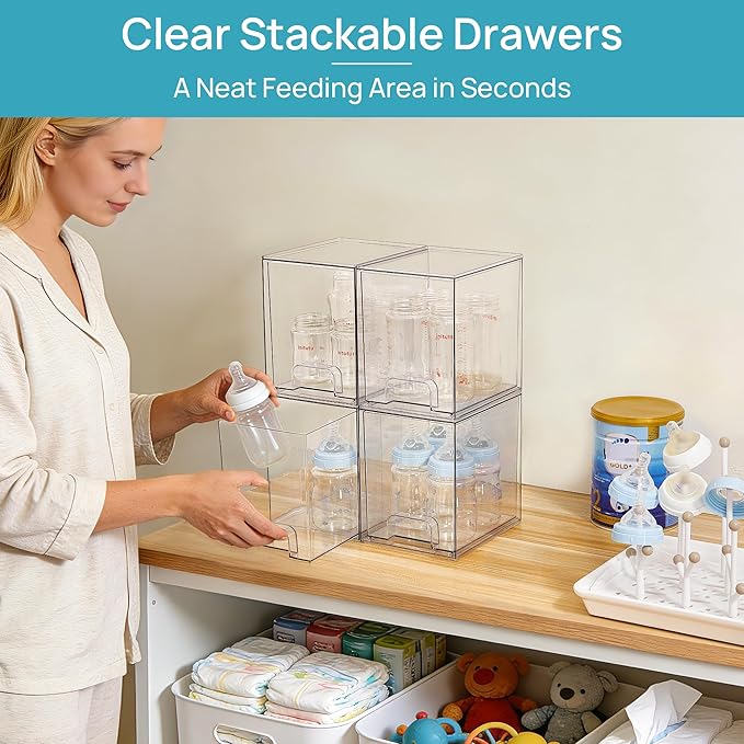 Vtopmart 7.6" H Clear Stackable Storage Drawers, 4 Pack Plastic Organizers Bins for Skincare, Cosmetics,Beauty Supplies,Ideal for Vanity, Bathroom,Kitchen Countertop,Cabinet Organization - Image 3