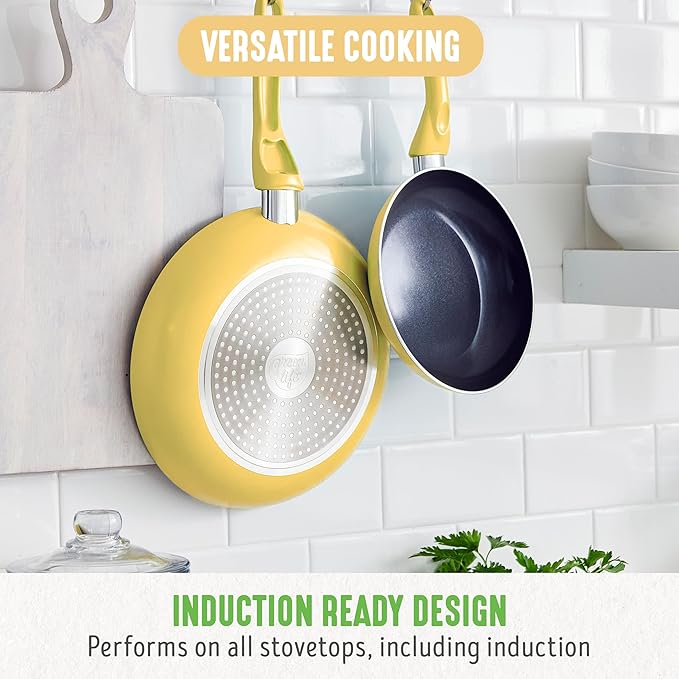GreenLife Essentials 8" Frying Pan Skillet, PFAS-Free Ceramic Nonstick, Induction Ready Cookware, Dishwasher Safe, Yellow