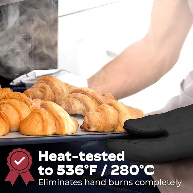 Silicone Mini Oven Mitts - Black Set of 2 - Heat Resistant to 536 F / 280 C Kitchen Gloves Professional Grade Pot Holders for Cooking Baking