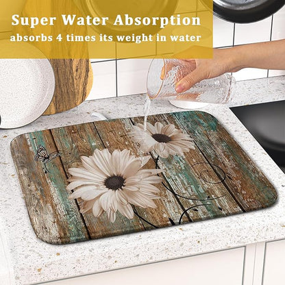 Giwawa Rustic Daisy Board Dish Drying Mat for Kitchen Countertop 16x18 inch Fall Sunflower on Wooden Plank Dish Drainer Mats Fast Drying Country Shabby Chic Vintage Kitchen Drying Decor