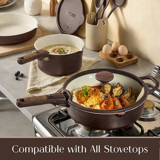 CAROTE 22Pcs Titanium Cookware Set, Pots and Pans Set Non Stick, Kitchen Cooking Set with Detachable Handle, Non Toxic Induction Cookware, Dishwasher/Oven Safe, Browm - Image 7