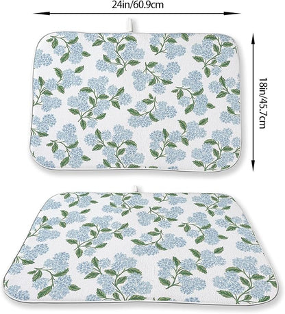 Blue Sage Green Floral Dish Drying Mat 18 x 24 Inch Spring Hydrangea Floral Drying Mat for Kitchen Counter Absorbent Summer Flowers Dishes Dry Pad for Drainer Rack Kitchen Fast Dry