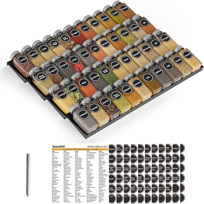 SpaceAid Spice Drawer Organizer with 44 Spice Jars, 386 Spice Labels, 4 Tier Seasoning Rack Tray Insert for Kitchen Drawers, 20.25" Wide x 17.5" Deep by SpaceAid