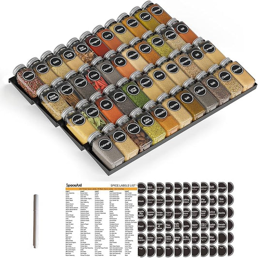 SpaceAid Spice Drawer Organizer with 44 Spice Jars, 386 Spice Labels, 4 Tier Seasoning Rack Tray Insert for Kitchen Drawers, 20.25" Wide x 17.5" Deep by SpaceAid