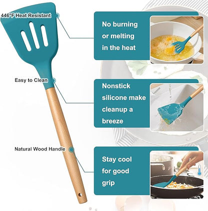 E-far Silicone Cooking Utensils Set, 5-Piece Kitchen Utensils Set with Wooden Handle for Cooking, Silicone Kitchen Nonstick Tools Spatula Turner Slotted Spoons, Nontoxic & Heat Resistant-Blue - Image 3