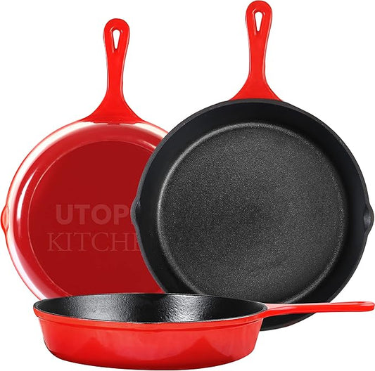 Utopia Kitchen Cast iron Skillets 3 Piece Set,Chefs Pan, Pre Seasoned Cast iron Skillets, 6, 8 & 10 Inches, Easy Use in the Oven, Stove, Grill, or Campfire, Red by UTOPIAKITCHEN