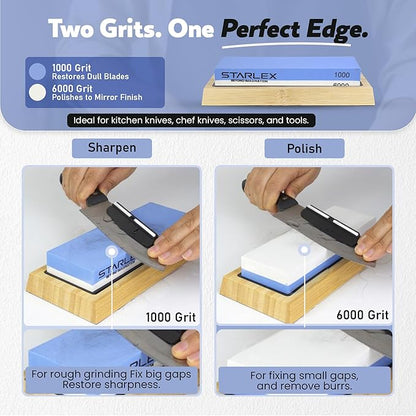 Premium Knife Sharpening Stone Set | Dual Grit Whetstone (1000/6000), Bamboo Base, Non-slip Rubber Base, Angle Guide | Perfect for Kitchen, Chef & Hunting Knives