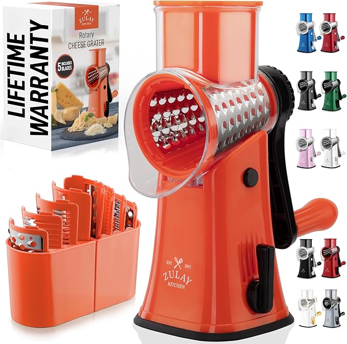 Zulay Kitchen Rotary Cheese Grater 5 Blade Cheese Shredder - Manual Hand Crank Cheese Grater With Reinforced Suction & 5 Interchangeable Drums - Easy to Use, Vegetable Chopper Round Mandoline Slicer by ZulayKitchen