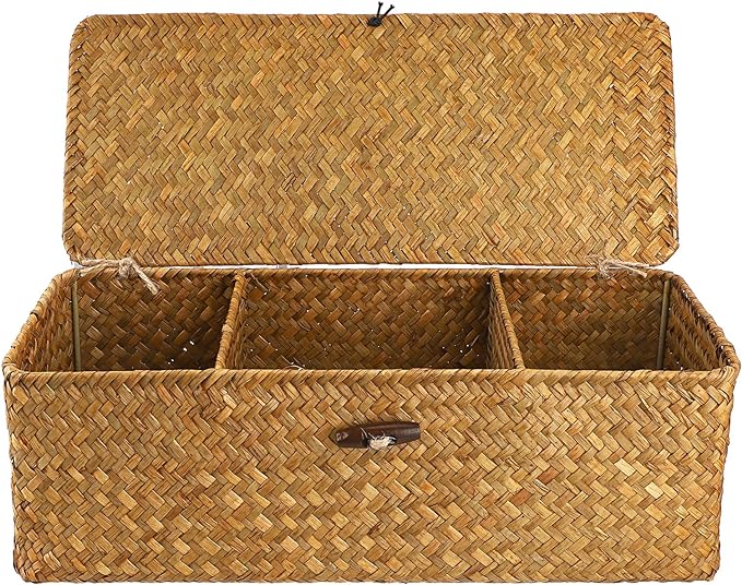 Hipiwe Seagrass Storage Basket Bin with Lid Rectangular Woven Shelf Baskets for Closets Pantry Bathroom Kitchen Shelf Organizing, Caramel,14.2" x 6.3''x 4.7''