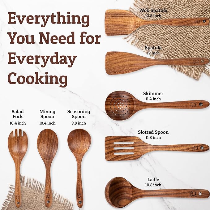 PriorityChef Wooden Spoons for Cooking, Premium 8pc Teak Wood Utensil Set with Hanging Hooks - Image 4