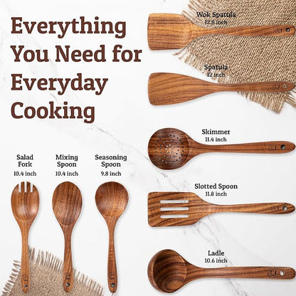 PriorityChef Wooden Spoons for Cooking, Premium 8pc Teak Wood Utensil Set with Hanging Hooks - Image 4
