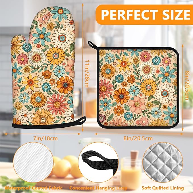Boho Floral Oven Mitts and Pot Holders Sets 4Pcs,Extra Long Oven Gloves Potholder for Kitchen Cooking Baking BBQ 100% Cotton Heat Resistant - Image 2