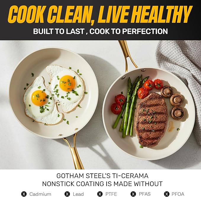 Gotham Steel 15 Pc Ceramic Cookware Set, Ceramic Pots and Pans Set Non Stick with Cooking Utensils and Steamer, Non Toxic PFOA PFOS Free, Premium Gold Stay Cool Handles, Oven & Dishwasher Safe - Image 4