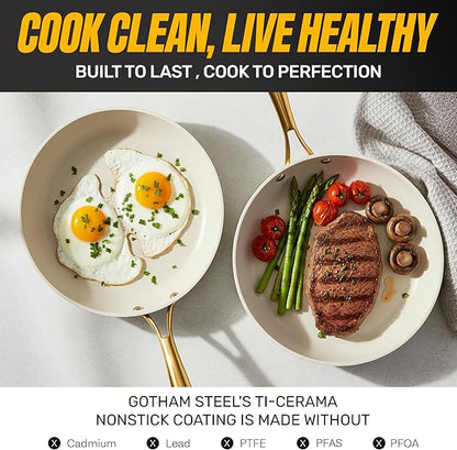 Gotham Steel 15 Pc Ceramic Cookware Set, Ceramic Pots and Pans Set Non Stick with Cooking Utensils and Steamer, Non Toxic PFOA PFOS Free, Premium Gold Stay Cool Handles, Oven & Dishwasher Safe - Image 4