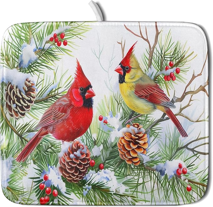 Giwawa Red Birds Dish Drying Mat, Xmas Tree Branch Holly Red Berries Dish Drainer Mats, Winter Snow Pine Cones Reversible Dish Drying Rack Pad Protector for Kitchen Countertop Decor, 16"x18"