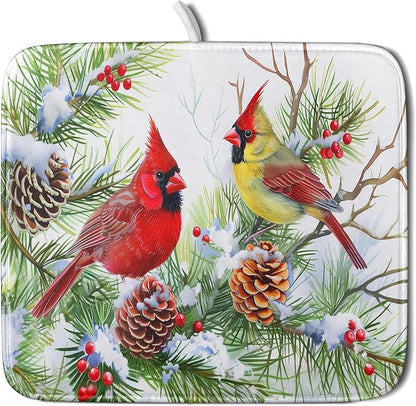 Giwawa Red Birds Dish Drying Mat, Xmas Tree Branch Holly Red Berries Dish Drainer Mats, Winter Snow Pine Cones Reversible Dish Drying Rack Pad Protector for Kitchen Countertop Decor, 16"x18"