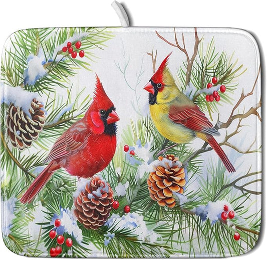 Giwawa Red Birds Dish Drying Mat, Xmas Tree Branch Holly Red Berries Dish Drainer Mats, Winter Snow Pine Cones Reversible Dish Drying Rack Pad Protector for Kitchen Countertop Decor, 16"x18"