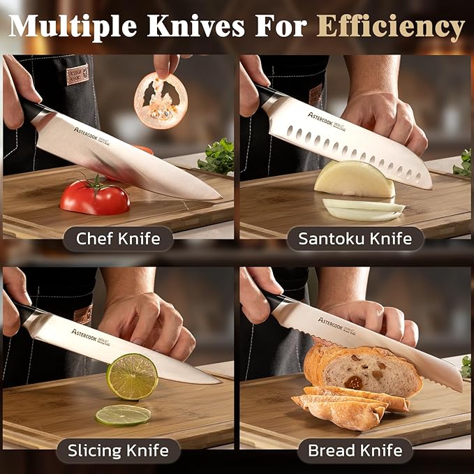 Astercook Knife Set, Kitchen Knives Set with Block and Sharpener Full Tang 17 Pcs German Stainless Steel Knives Sharp Blade Dishwasher Safe Premium Knife Set, Black Mothers Day Gifts for Women - Image 6