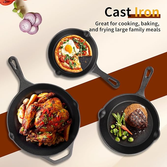 Cast Iron Skillet 3-Piece Set, 6", 8", 10" Frying Pans, Heavy-Duty Pre-Seasoned Pan Cookware Set, For Frying, Saute, Cooking, Pizza & More, Black - Image 6