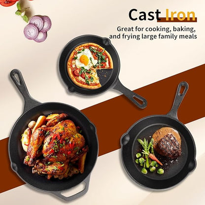 Cast Iron Skillet 3-Piece Set, 6", 8", 10" Frying Pans, Heavy-Duty Pre-Seasoned Pan Cookware Set, For Frying, Saute, Cooking, Pizza & More, Black - Image 6