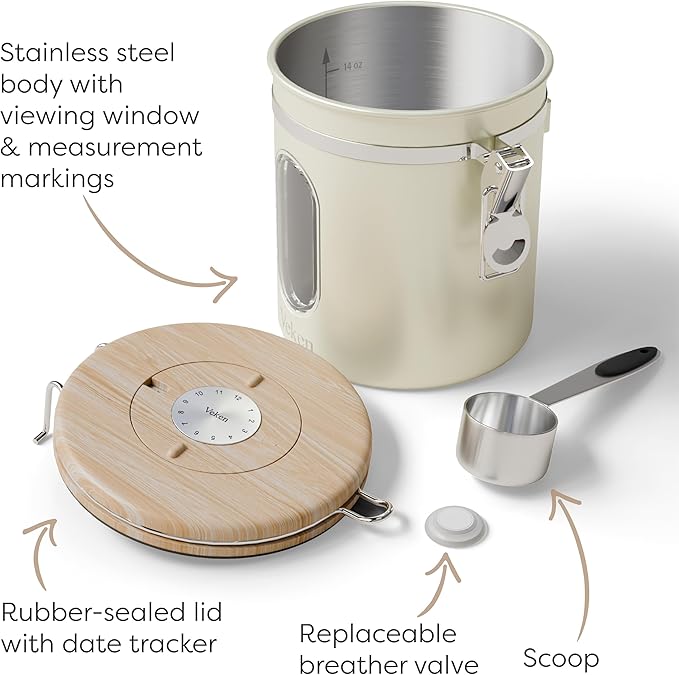 Veken Coffee Sugar Canister with Window, Airtight Stainless Steel Kitchen Food Storage Container with Lids, Date Tracker and Scoop for Grounds Coffee, Beans, Tea, Flour, Cereal Jars, 16OZ, Cream - Image 2