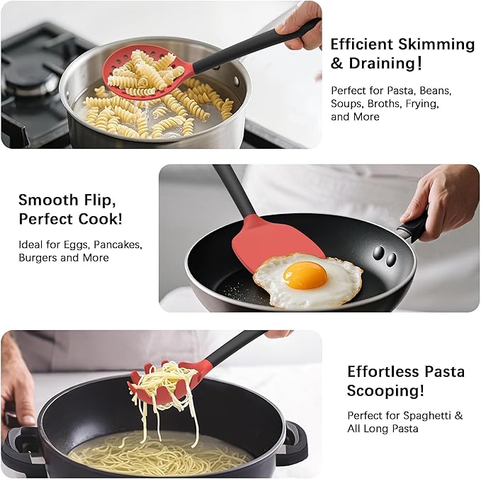 Coukre Silicone Kitchen Cooking Utensils Set with Holder – Heat-Resistant, Food-Grade Kitchen Tools, Spatula, Spoon & Gadgets for Non-Stick Pans, Dishwasher Safe (14, Red) - Image 3
