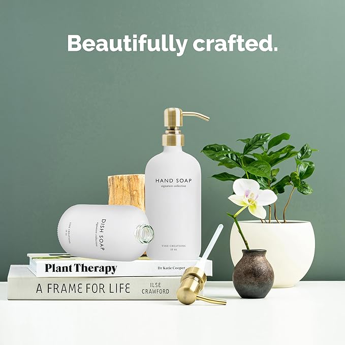 Vine Creations White Glass Soap Dispenser Set, Dish Soap and Hand Soap Dispenser Set with Stainless Steel Pump, 16 oz Glass Dispensers for Kitchen or Bathroom Decor (Matte White Bottle/Brushed Brass) - Image 2