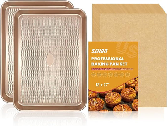 Baking pans Set, 2 Sheet Pans(17.5'' X 11.8'') and 250 unbleached Sheets of Parchment Paper, Thickened Nonstick Cookie Sheet for Baking, Carbon Steel Baking Pan