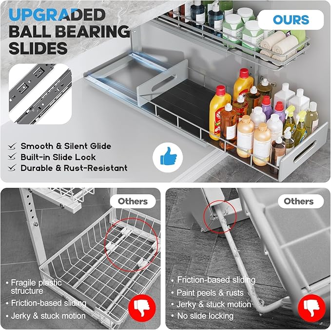 Under Sink Organizer Upgrade To Professional Rails,2-Tier Dual Pull Out Cabinet Storage,Height Adjustable Slide Out Drawers For Bathroom Kitchen,2 Pack-21"Dx12.8"-16.9"H,Gun Gray - Image 3