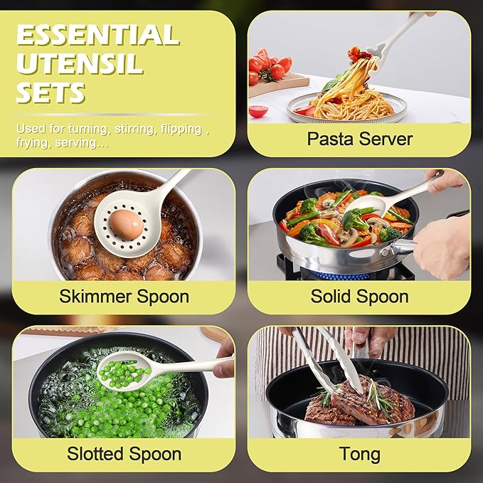 Homikit Kitchen Utensils Set, 15pcs Silicone Cooking Utensil Heat Resistant Spatula Set with Holder for Nonstick Cookware, Useful Kitchen Gadgets & Pots and Pans Accessories, White - Image 4