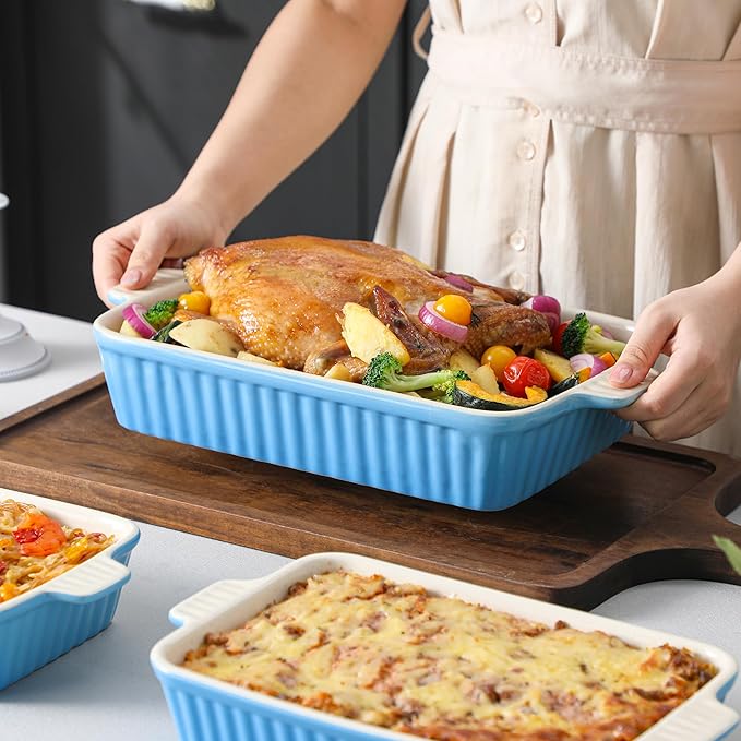 MALACASA Casserole Dishes for Oven, Porcelain Baking Dishes, Ceramic Bakeware Sets of 4, Rectangular Lasagna Pans Deep with Handles for Baking Kitchen, Blue (9.4"/11.1"/12.2"/14.7"), Series BAKE.BAKE - Image 8