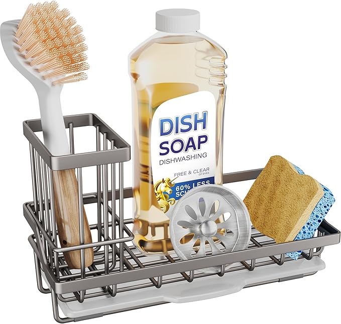 SWTYMIKI Sink Caddy Sponge Holder - Kitchen Sink Organizer with High Brush Holder for Countertop to Hold Dish Soaps and Sponges, Stainless Steel, Sand Nickel by SwtyMiki-TidyHomeSweetLife