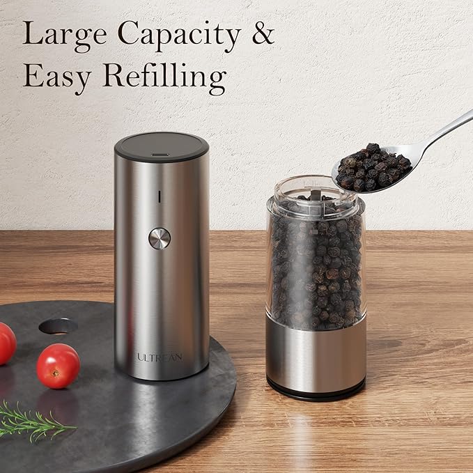 Ultrean Salt and Pepper Grinder Set, Rechargeable Salt and Pepper Shakers, 6 Adjustable Coarseness, LED Light, Kitchen Gadget Cooking Gifts Valentines Day Gifts for Him Her Mom Dad, Stainless Steel - Image 5