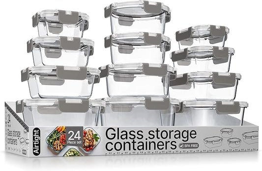 Bakken Borosilicate Glass Food Storage Containers with Lids 24 Pieces, BPA-Free Stackable Lunch & Leftover Containers, Microwave, Freezer & Dishwasher Safe, 100% Airtight Leak-Proof, Gray