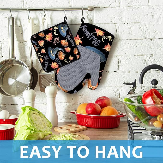 Halloween Pumpkin Autumn Maple Leave Oven Mitts and Pot Holders Sets Heat Resistant 4Pcs Potholders Oven Gloves Hot Pads for Kitchen Baking Cooking Grilling BBQ