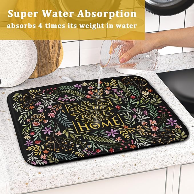 Absorbent Dish Drying Mat Colorful Flowers Microfiber Pad for Kitchen Counter Coffee Bar Decor 16" X 18" - Image 7