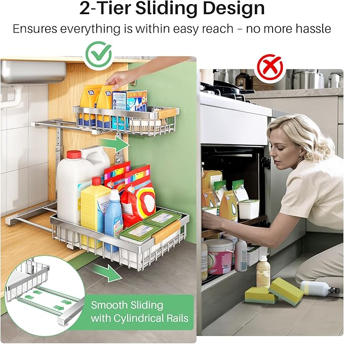 Kitstorack Under Sink Organizer, 2 Tier Under the Sink Storage, Slide out Pull out Cabinet Organizer Shelf, Metal Sliding Drawer for Kitchen Bathroom Pantry Closet Organization Rack, Silver, 1 Pack - Image 7