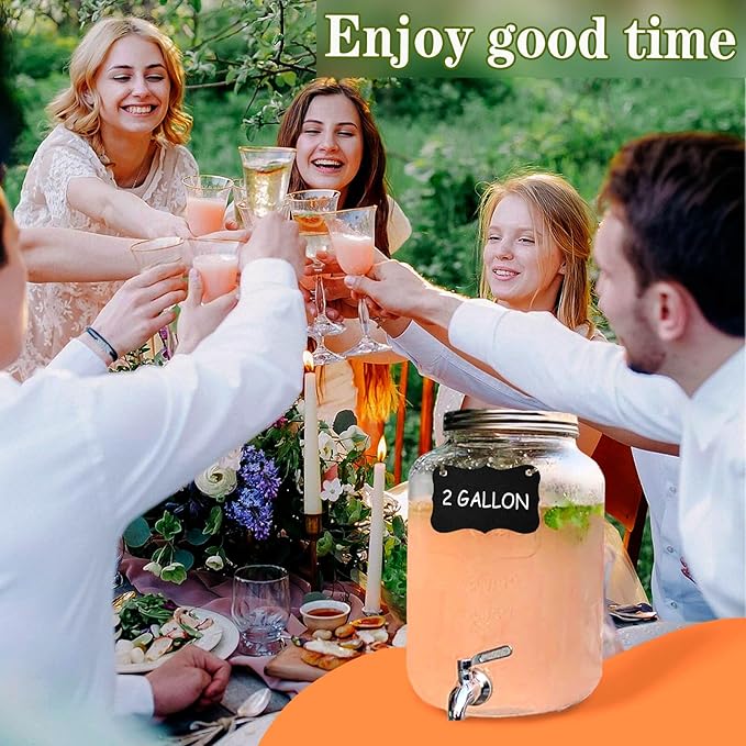 2 Gallon Drink Dispenser with 18/8 Stainless Steel Spigot, Sun Tea Glass Mason Jar for Outside, Iced Lemonade Beverage Dispenser with Fruit Infuser, Large Water Juice Jug, Punch Dispenser for Parties