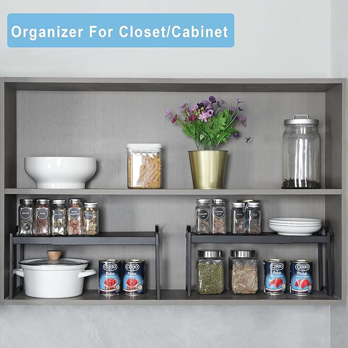 25.5 Inches 3 Pack Expandable Cabinet Shelves, Stackable Shelf Organizer For Kitchen Cabinet Countertop Storage, Adjustable Counter Cupboard Pantry Organizer Shelf Rack Stand Riser, Black - Image 6