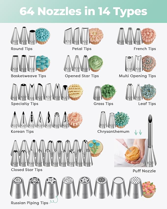 Kootek 158PCs Cake Decorating Kit, Baking Supplies Tools - Includes Cake Stand Turntable, 64 Icing Piping Tips Set, 2 Frosting Spatulas, 3 Scrapers, 50+2 Pastry Bags, Coupler, Video Tutorial, Booklet - Image 3