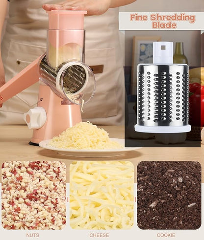Ourokhome Rotary Cheese Grater Hand Crank, Kitchen Shredder Speed Mandolin Slicer Nuts Grinder with Handle and Drum Blades for Cheese, Vegetable, Walnuts, Chocolate, Potato, Carrot, 3 Blades, Pink - Image 5