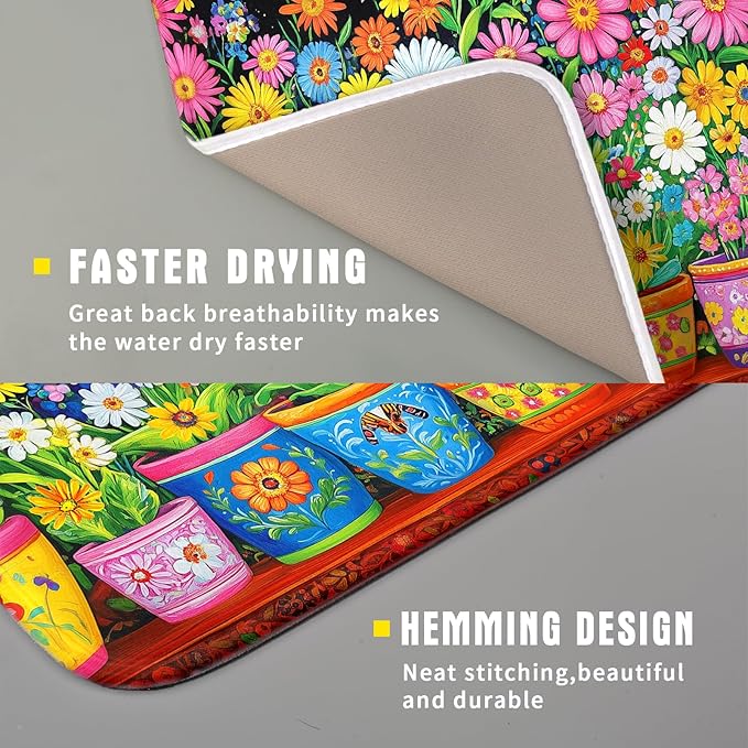 Colorful Floral Dish Drying Mat 16 X 18 Black Spring Flowers Absorbent Microfiber Kitchen Decor Counter Mats - Image 3