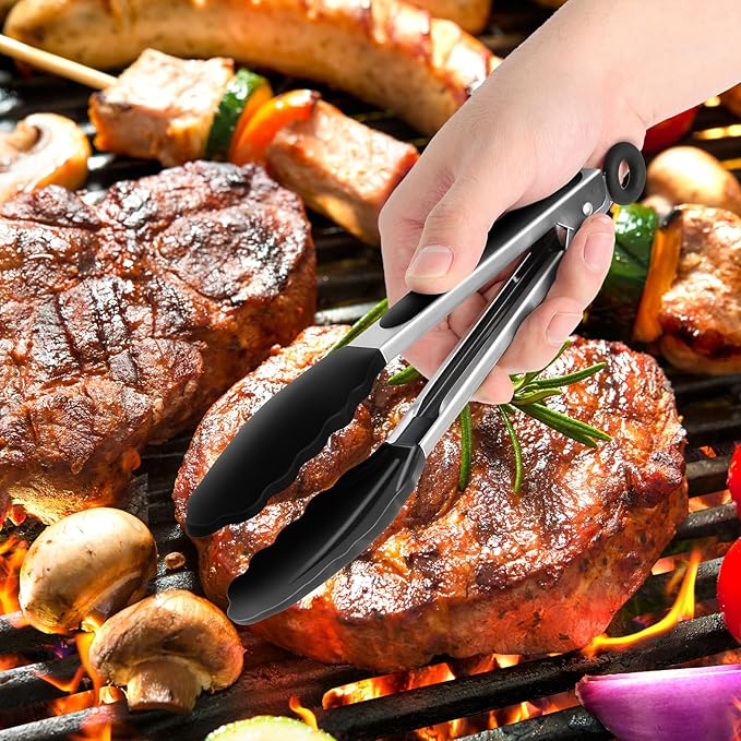 2 Pack Black Premium Stainless Steel Heat Resistant Kitchen Tongs for cooking,set of 9" and 12",Non Scratch Silicone cooking Tong Tip for Cooking Pans,Strong Grip BBQ tongs for Grabbing Hot Food - Image 5