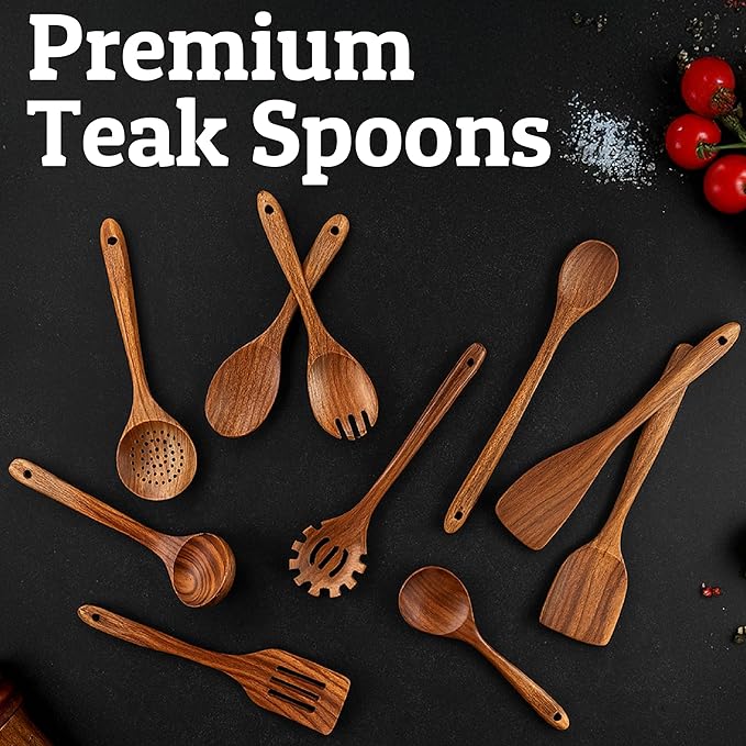 PriorityChef Premium Wooden Pasta Spoon - Handcrafted Teak Wood Spaghetti Spoon with Teeth - Durable Wooden Spaghetti Utensil - Wooden Pasta Fork and Spaghetti Noodle Spoon for Serving